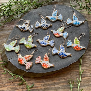 Ceramic Bird Earrings: Folksy Floral Design, Gold Luster