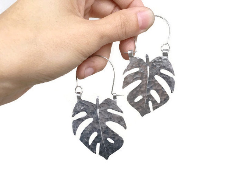 Monstera Leaf earrings, Monstera hoop earrings, tropical leaf earrings image 1