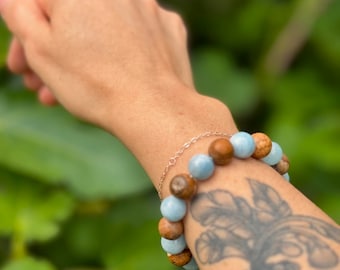 Aquamarine and Picture Jasper stretch bracelet, 10mm Aquamarine stacking bracelet