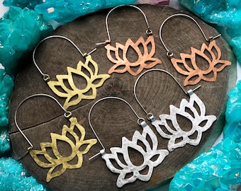 Aluminum lotus flower earrings, metal flower hoop earrings, large hammered metal earrings, Lotus Hoops