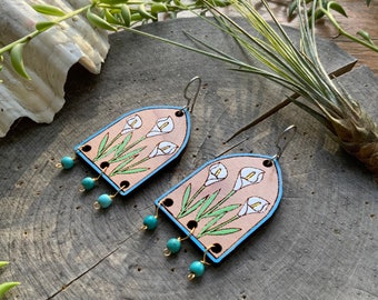 Wood Calla Lily tassel earrings, Mexican folk art floral tassel earrings
