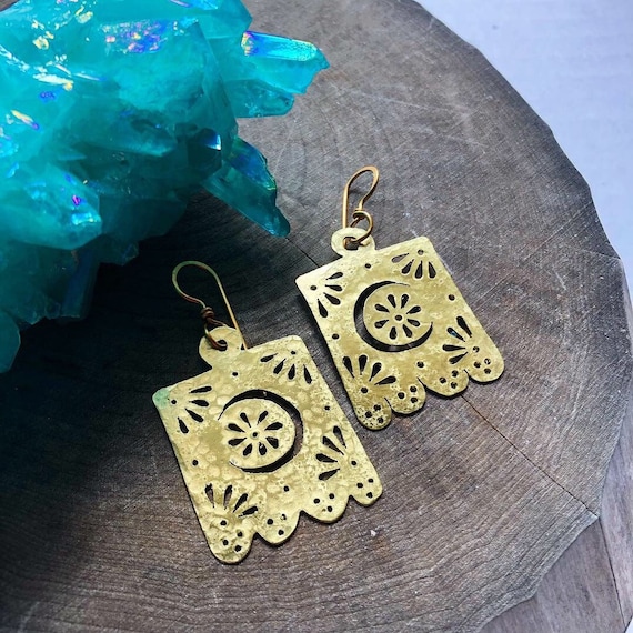 Handmade Papel Picado Crescent Moon Earrings: Metal Flor De Luna