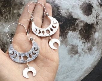 moon phase earrings, lunar phase hoop earrings, tribal moon phase earrings