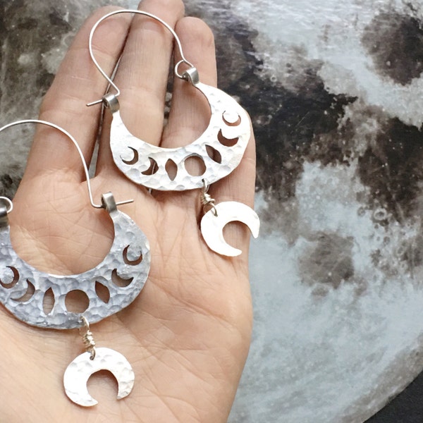 moon phase earrings, lunar phase hoop earrings, tribal moon phase earrings