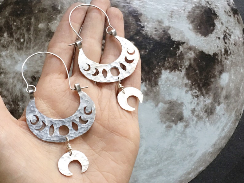 moon phase earrings, lunar phase hoop earrings, tribal moon phase earrings image 1