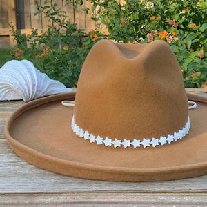 May include: A brown felt cowboy hat with a white star trim around the brim.