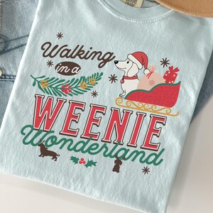 Peut inclure: T-shirt bleu clair avec l'inscription "Walking in a Weenie Wonderland" et un teckel portant un bonnet de Père Noël sur un traîneau. Le t-shirt est plié sur un jean bleu et un chapeau beige.