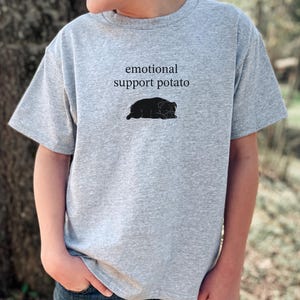 May include: A gray t-shirt with the text "emotional support potato" above a black illustration of a dog. The shirt is short-sleeved and appears to be made of a soft material.