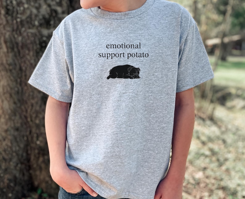 May include: A gray t-shirt with the text "emotional support potato" above a black illustration of a dog. The shirt is short-sleeved and appears to be made of a soft material.