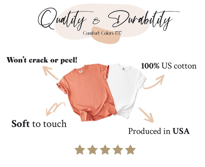 May include: Two t-shirts, one coral and one white, are displayed. Text highlights features: "Quality & Durability", "Won't crack or peel!", "100% US cotton", "Soft to touch", and "Produced in USA". The shirts are Comfort Colors 1717.