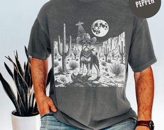Schnauzer Cowboy Shirt, Vintage UFO Dog Shirt, Retro Western Tee, Funny Gift For Schnauzer Mom And Dad, Alien Dog Lover Tee, Desert Dog Tee