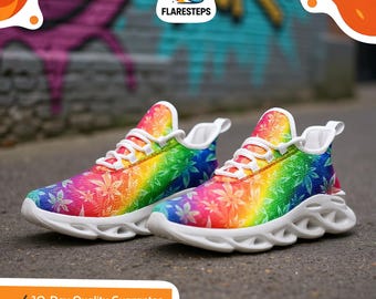 Rainbow Cannabis Leaf Sneakers – Breathable Knit Mesh, Vibrant Streetwear