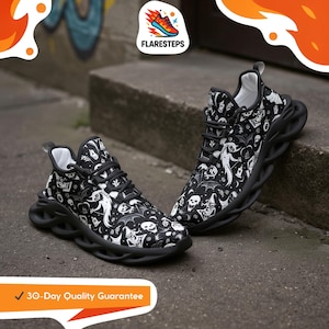 May include: Black and white athletic shoes with a Halloween-themed pattern featuring ghosts, skulls, and bats. The shoes have black soles and laces, with the brand name "FLARESTEPS" visible. A "30-Day Quality Guarantee" logo is also present.