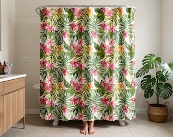 Tropical Hibiscus Shower Curtain, Quick Dry Polyester, Dopamine Decor