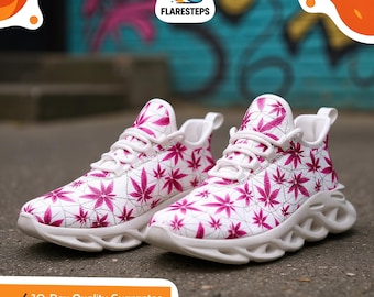 Pink Cannabis Leaf Sneakers – Breathable Mesh Knit, Stoner Shoes