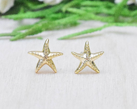 Simple Gold Starfish Stud Earrings, Gold Small Stafish Stud Earrings, Delicate Ocean Beach Studs (EPJ-EM20ACA10)