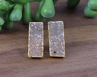 Rectangle 6x15mm Druzy Stud Earrings, Gold Gemstone Studs, Natural Neutral Druzy Statement Earrings (EPJ-E19HAB10)