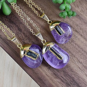 Amethyst Tourmaline Nugget Necklace: Gold Plated Gemstone Pendant