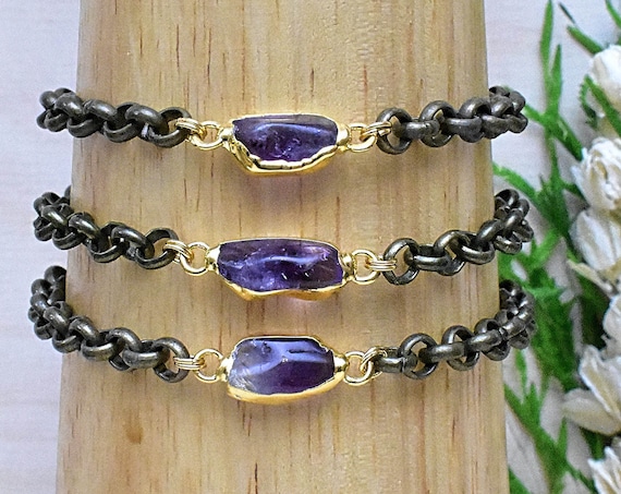 Amethyst Brass Rolo Chain Bracelet, Gold Brass Adjustable Chain Bracelet (EPJ-BH20AAA14)