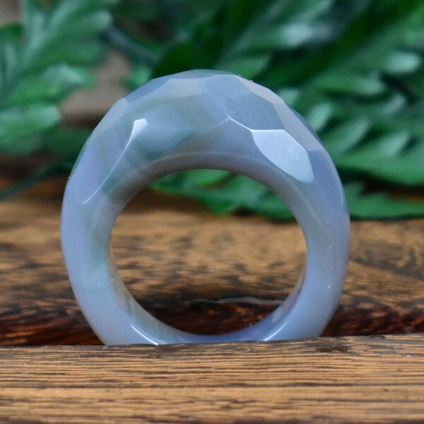 Faceted Grey Agate Large Stone Ring, Gemstone Cabochon Stone Simple Carved, Size 10.25 (S1025R) (EPJ-RC20CAG13-16)