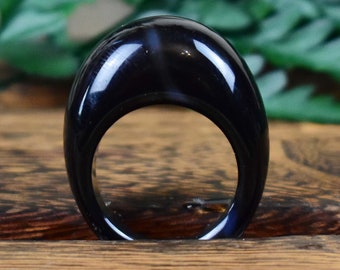 Gemstone Cabochon Stone Simple Carved Black Agate Dome Stone Ring Size 7.25 EPJ-RC20CAG12-9 S725R