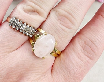 Gold Pale Rose Quartz Oval Gemstone Adjustable Ring (EPJ-RTD24-2)