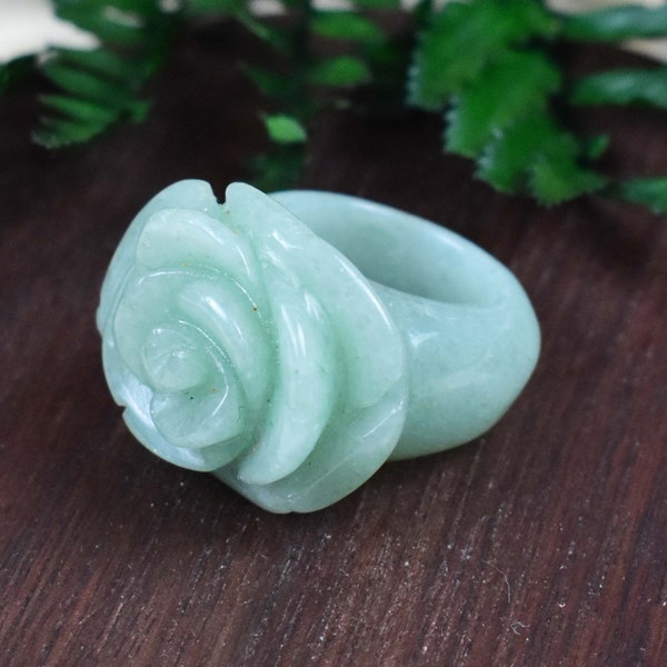 Green Aventurine Carved Flower Stone Ring, Gemstone Cabochon Stone Simple Carved, Size 6.5 (S650R) (EPJ-RC20CAH11-1)