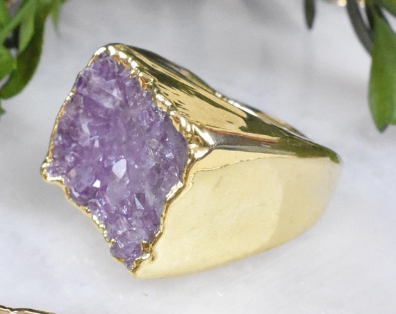 Gold Purple Druzy Carved Ring, Gemstone Druzy Ring, Statement Gem Ring, Natural Stone Large Ring, Size 7.5 (EPJ-RCBA10-52)