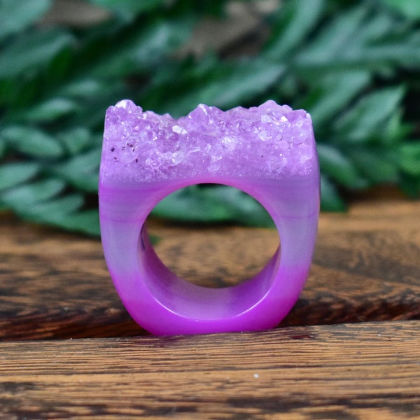 Pink Druzy Carved Ring, Gemstone Agate Ring, Statement Gem Ring, Natural Stone Chunky Large Ring, Size 7.25 (EPJ-RC21AAA10-52)