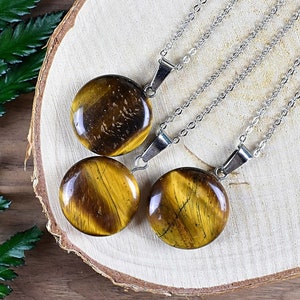 Tiger Eye 20mm Round Necklace: Silver Plated Chain Gemstone Pendant