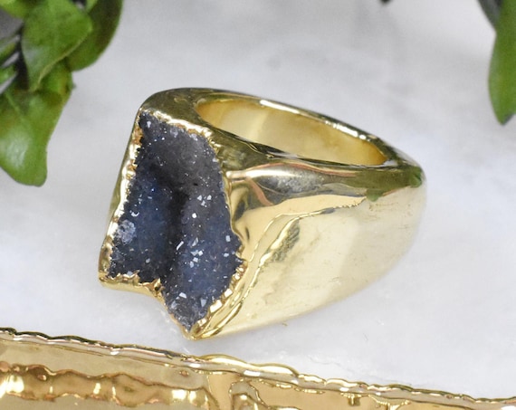 Gold Grey Druzy Carved Ring, Gemstone Druzy Ring, Statement Gem Ring, Natural Stone Large Ring, Size 5.75 (EPJ-RCBA10-50)