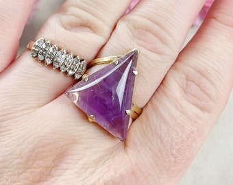 Gold Amethyst Triangle Gemstone Adjustable Ring (EPJ-RTD23-1)