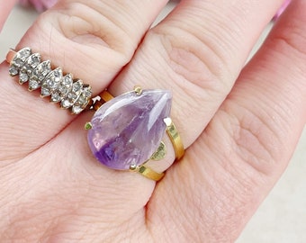 Gold Amethyst Teardrop Gemstone Adjustable Ring (EPJ-RTD23-4)