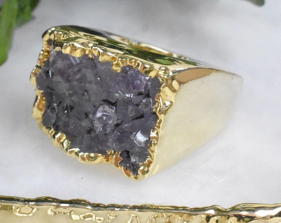 Gold Amethyst Druzy Carved Ring, Gemstone Druzy Ring, Statement Gem Ring, Natural Stone Large Ring, Size 5.5 (EPJ-RCBA11-4)