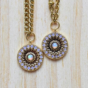 Opal Mandala Coin Charm Necklace, Gold Gemstone Fire Opad Coin Round Pendant, Statement Layering Necklace (EPJ-NC19RQA15)