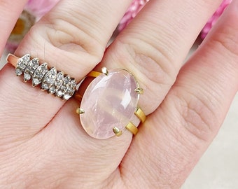 Gold Rose Quartz Oval Gemstone Adjustable Ring (EPJ-RTD24-3)