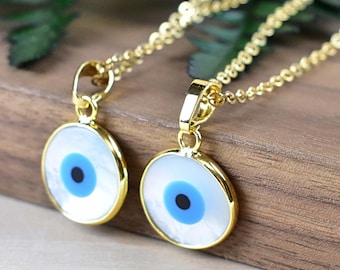 Mother of Pearl Evil Eye Pendant Necklace, Gold Gemstone White Blue Evil Eye Necklace, Mother of Pearl Natural Stone (EPJ-NH20AAA11)