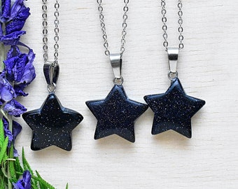 Blue Goldstone Star Necklace: Silver Plated Chain, Layering Necklace