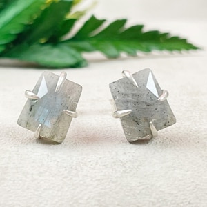 May include: A pair of silver stud earrings with a rectangular, iridescent labradorite gemstone set in each earring.
