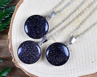 Blue Goldstone 20mm Round Necklace, Silver Plated Chain