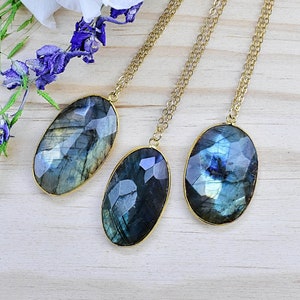 Labradorite Oval Necklace: Gold Plated Gemstone Pendant