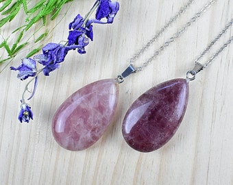 Large Strawberry Quartz Drop Necklace, Silver Gemstone Statement Layering Necklace, Pendant Delicate Necklace (EPJ-NG20AAA10)