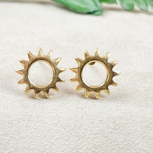 Gold Plated Brass Sun Stud Earrings: Celestial Jewelry (10mm)