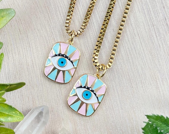 Pink Blue Eye Enamel Charm Necklace (EPJ-N1AA14)