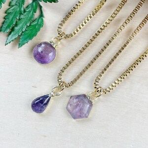 Gold Amethyst Geometric Pendant Necklace: Natural Stone Jewelry