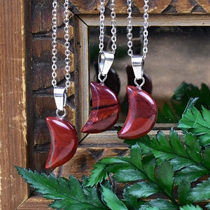 Red Jasper Crescent Moon Necklace: Silver Plated Gemstone Pendant
