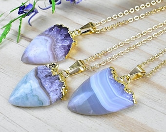 Shield Amethyst Slice Necklace, Gold Statement Necklace, Layering Pendant Necklace (EPJ-N19SBF10)