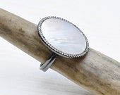 Mother of Pearl Adjustable Round Ring, White Oxidized Silver Ring, Statement Gemstone Ring (RGD24)