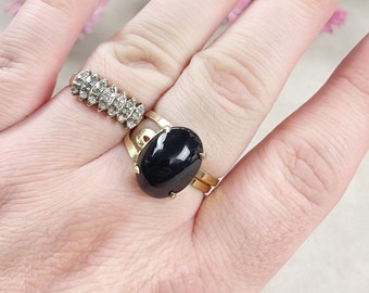 Gold Black Onyx Oval Gemstone Adjustable Ring (EPJ-RTD24-7)