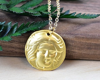 Gold Plated Greek Coin Necklace: Matte Finish Pendant